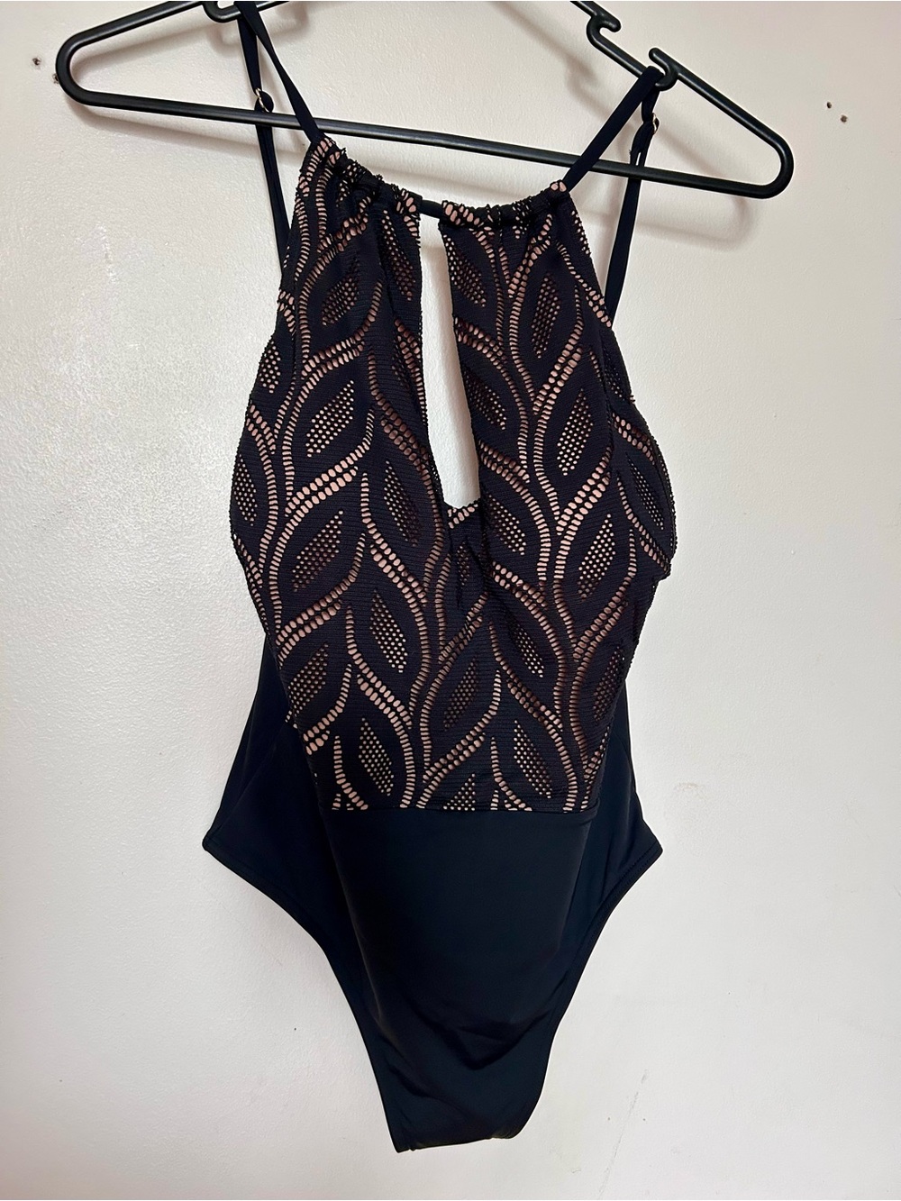 SANTEMARE Black One-Piece Swimsuit Low Back Lace-Print Detail NWT
